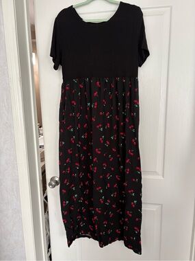 SHEIN Black Midi Dress with Red Cherry Print